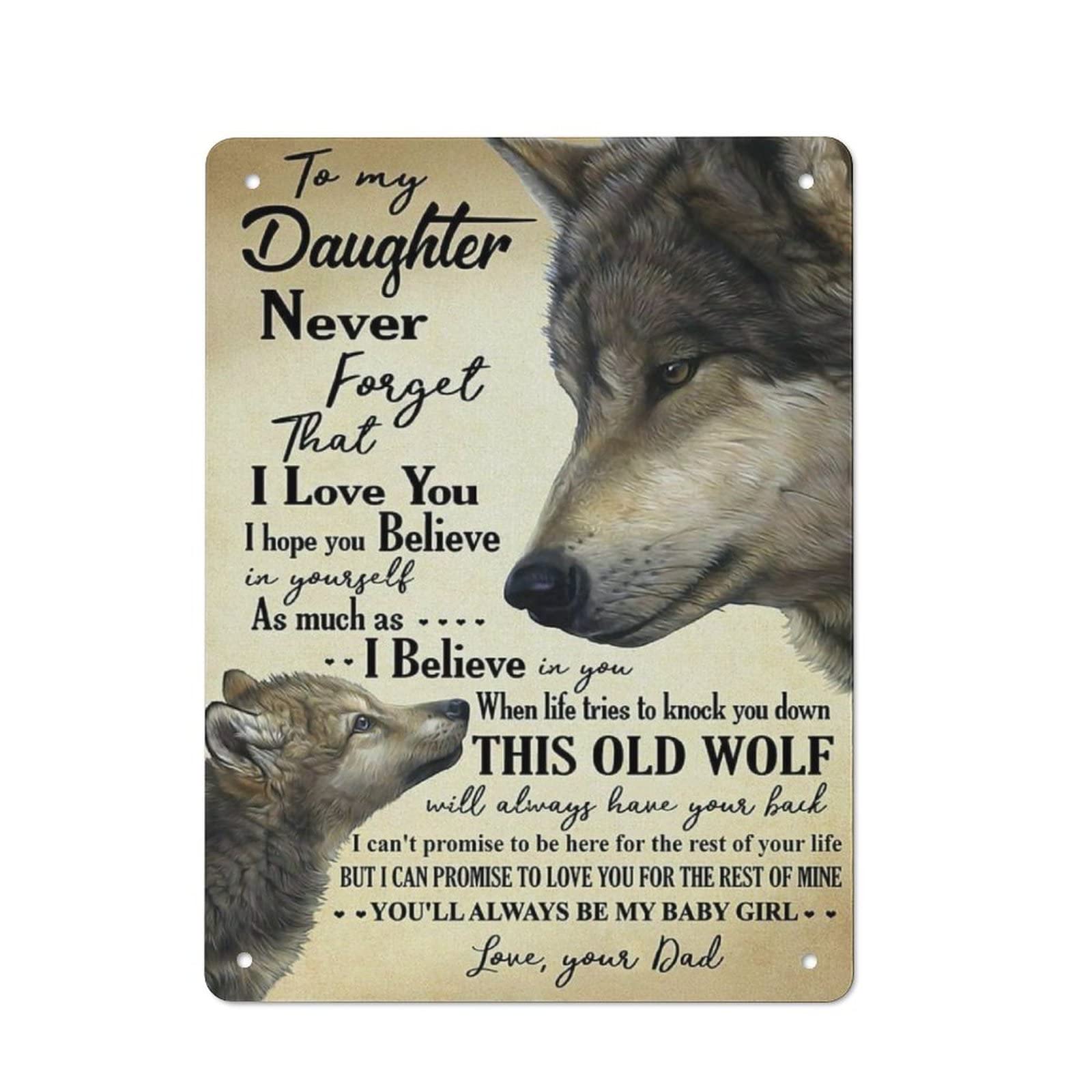 DJNGN Vintage Metal Sign to My Daughter Wolf Never Forget That I Love You Tin Sign Iron Painting Kitchen Bathroom Garage Bar Cafe Man Cave Wall Home Decor Art Poster Outdoor Plaque Novelty Gifts