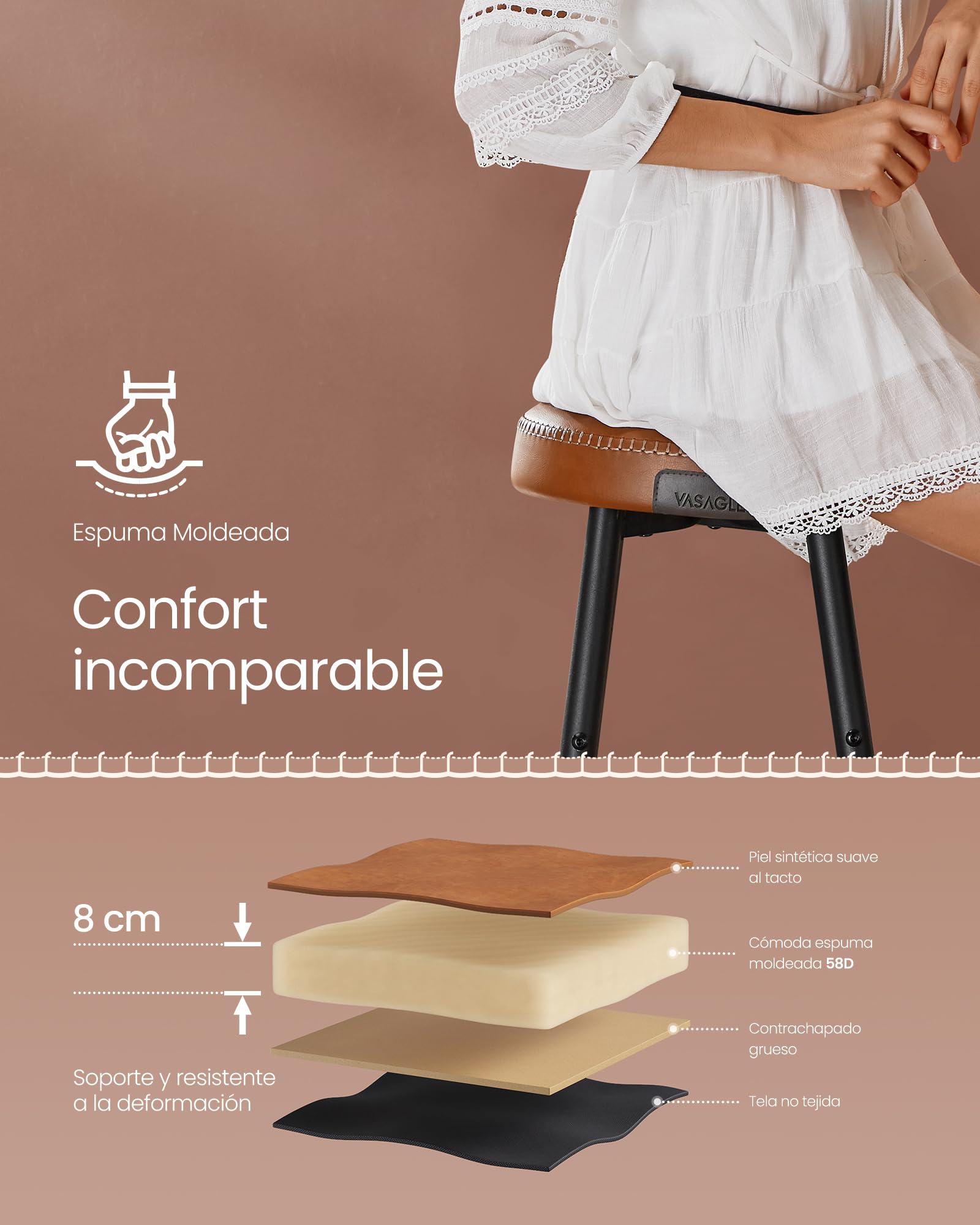 VASAGLE EKHO Colección - Juego de 4 Taburetes de Bar, Taburete Cocina, Taburete Desayuno, Cuero Sintético con Costuras, Moderno Siglo Medio, 76,2 cm Alto, Silla Comedor, Fácil Montaje, Marrón Caramelo