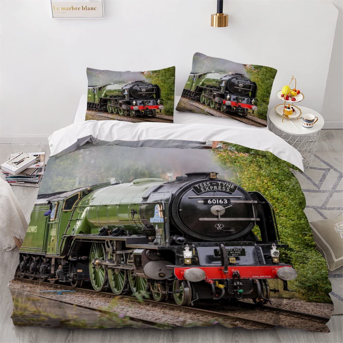 Duvet Cover set single Retro Train 3d Printed Quilt Cover with Zipper Closure and Pillowcase Steam Locomotive Comforter Cover 3 Pieces Ultra Soft Microfiber Bedding Set for Girls Teens