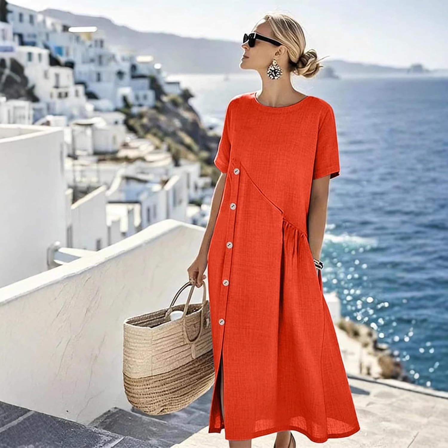 Aoleaky Women's Button Decor Midi Dress, Casual A-Line Short Sleeve Dress