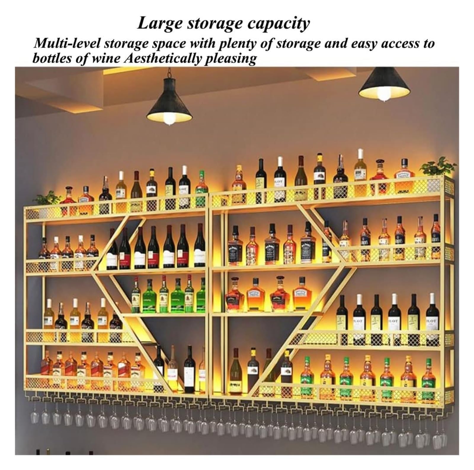 Estante para Botellas de Vino de Pared con Soporte para Copas y luz LED, Soporte metálico para Botellas, Estante de exhibición para Bar, Sala de Estar, Restaurante, Decor