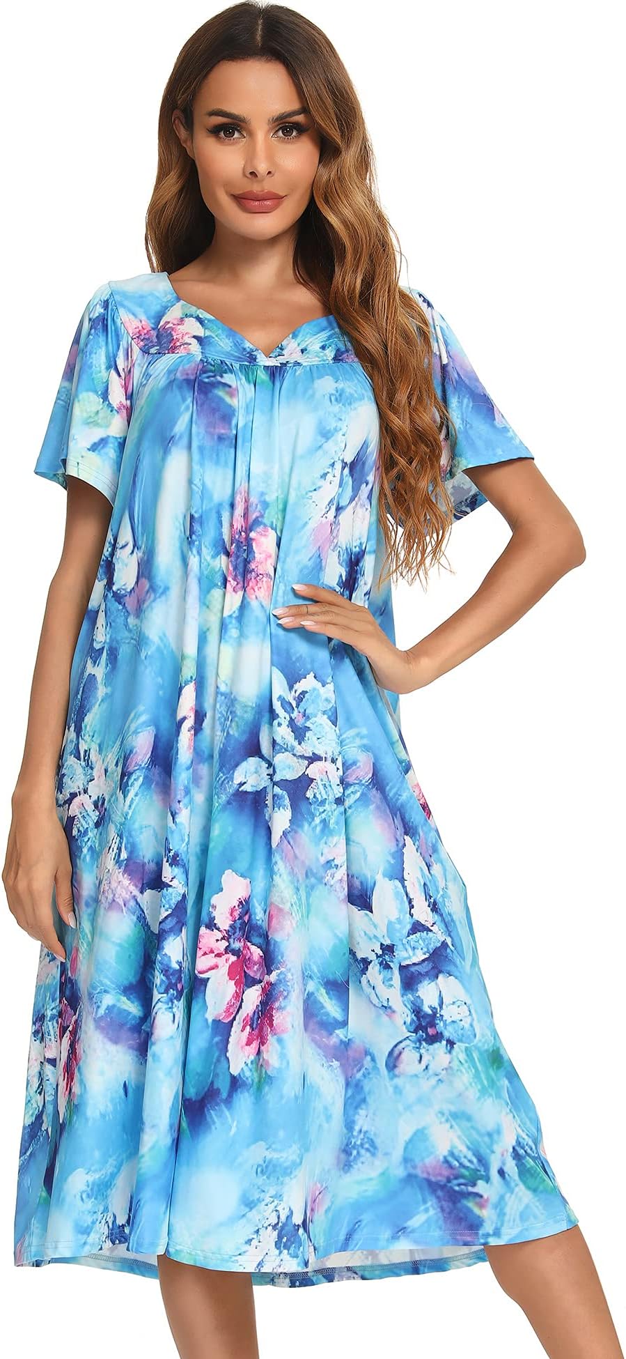 BloggerloveHouse Dresses for Women With Pockets Mumu Duster Housecoat Short Sleeve Patio Dress S-XXL