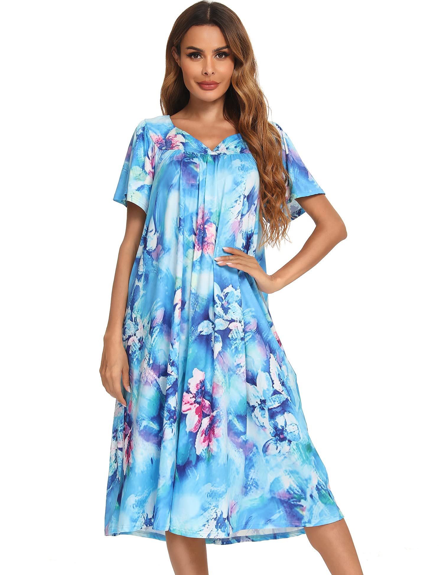 BloggerloveHouse Dresses for Women With Pockets Mumu Duster Housecoat Short Sleeve Patio Dress S-XXL