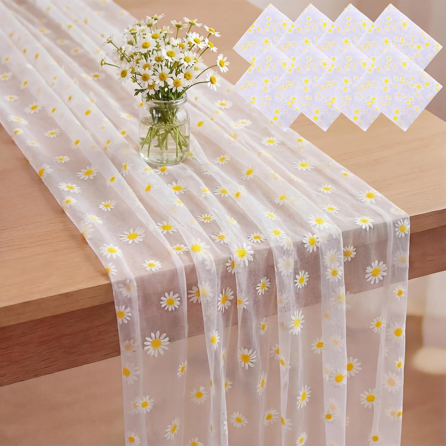8 Pcs Daisy Table Runner Bulk 29 X70 Inch White Tulle Lace Table Cloth Florals Seasonal Sheer Dining Cover for Daisy Retro Boho Birthday Baby Shower Wedding Holiday Party Home Kitchen Decor