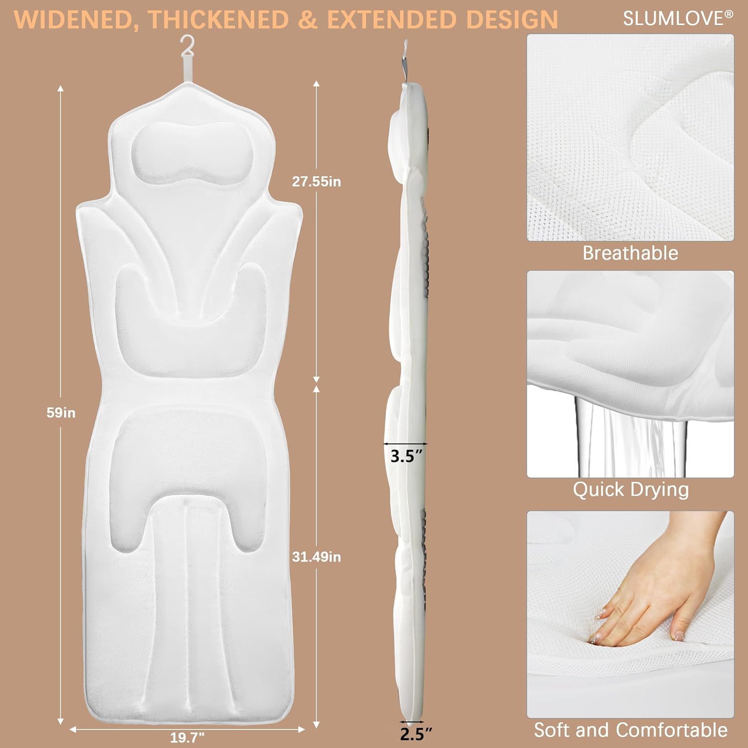 ergonomic full body bath pillow for bathtub, 5d luxury spa cushion with 114 non-slip suction cups, extra long thick bath pillow for full body support, for adult with laundry bag & hook white