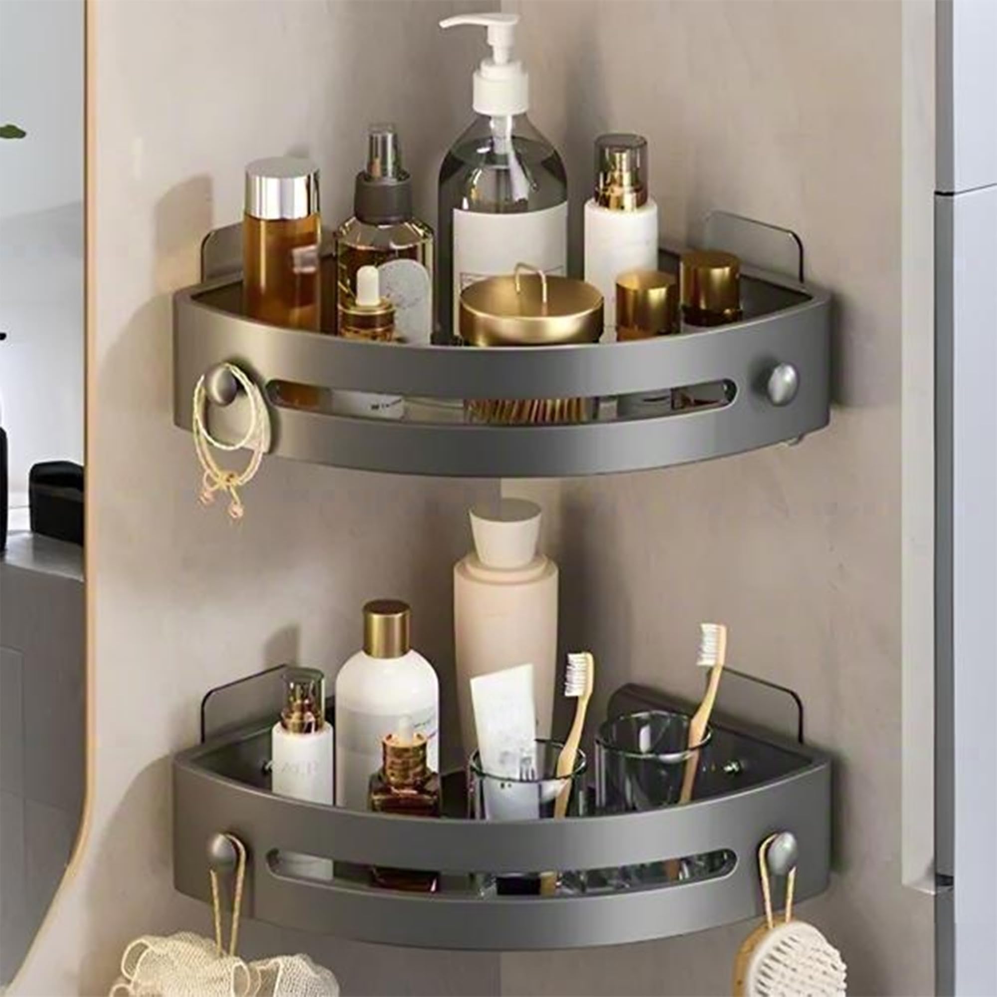 Triangle Shower Caddy Drill-Free Wall Mount Bathroom Storage Rack Plastic Triangle Shower Shelves with Towel Hooks and Drainage