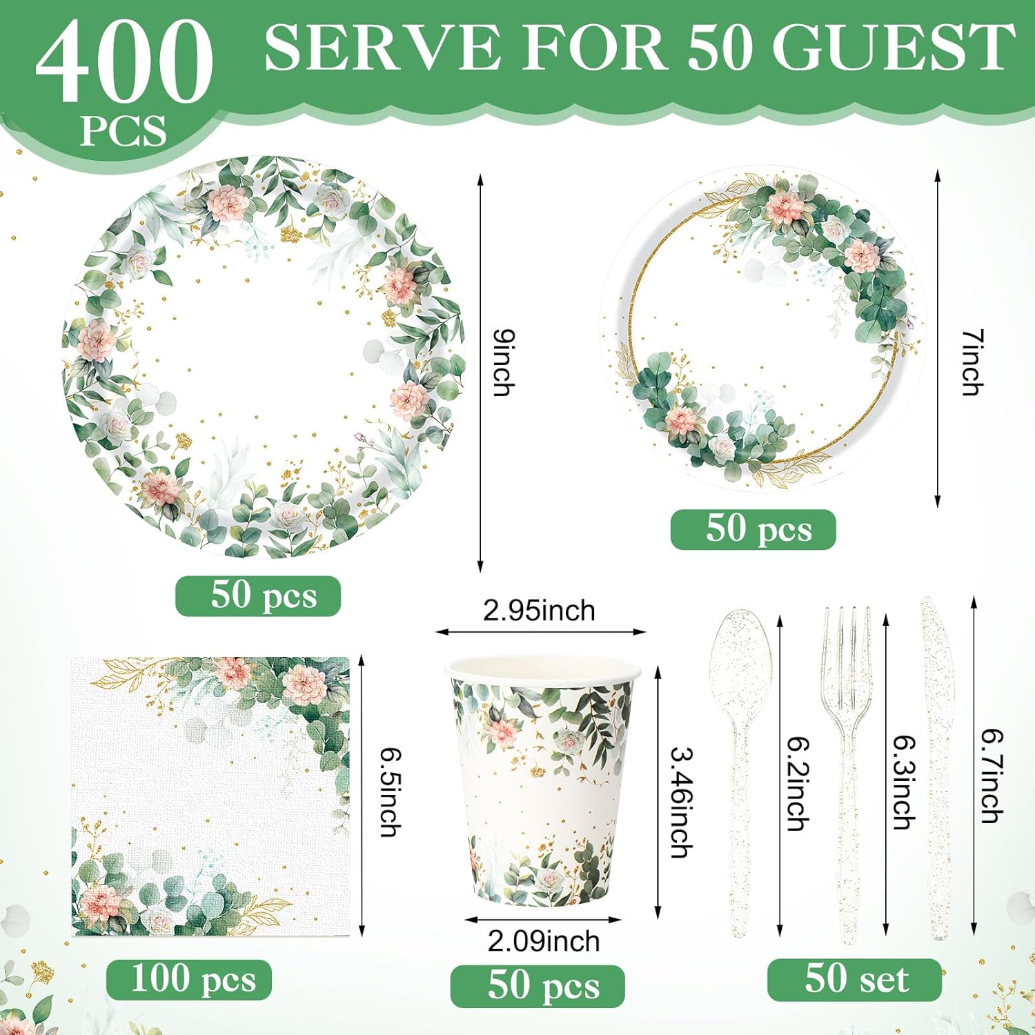 400 Pcs Sage Green Color Party Supplies Serve 50 Guests Eucalyptus Flowers Disposable Paper Plates Napkins and Cups for Bridal Baby Shower Birthday Wedding Party Decorations(Green,Elegant)