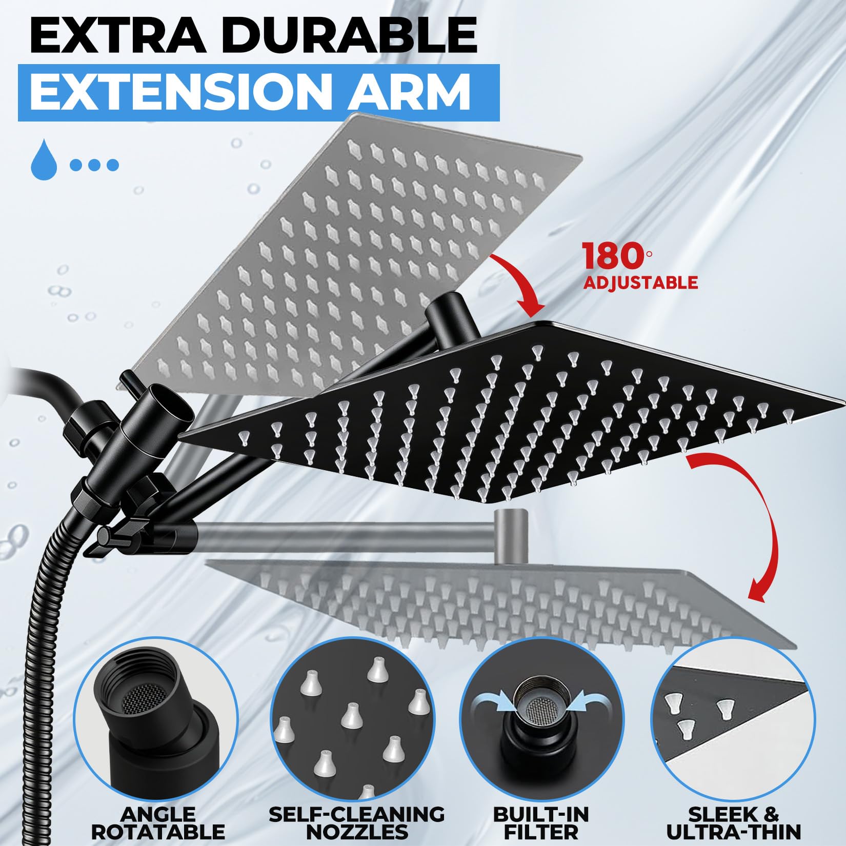 Cabezal de ducha, cabezal de ducha multifunción de alta presión de 8 pulgadas con rociador de mano, brazo de extensión ajustable de ángulo de 11 pulgadas, regulador de flujo/sistema de ducha, negro