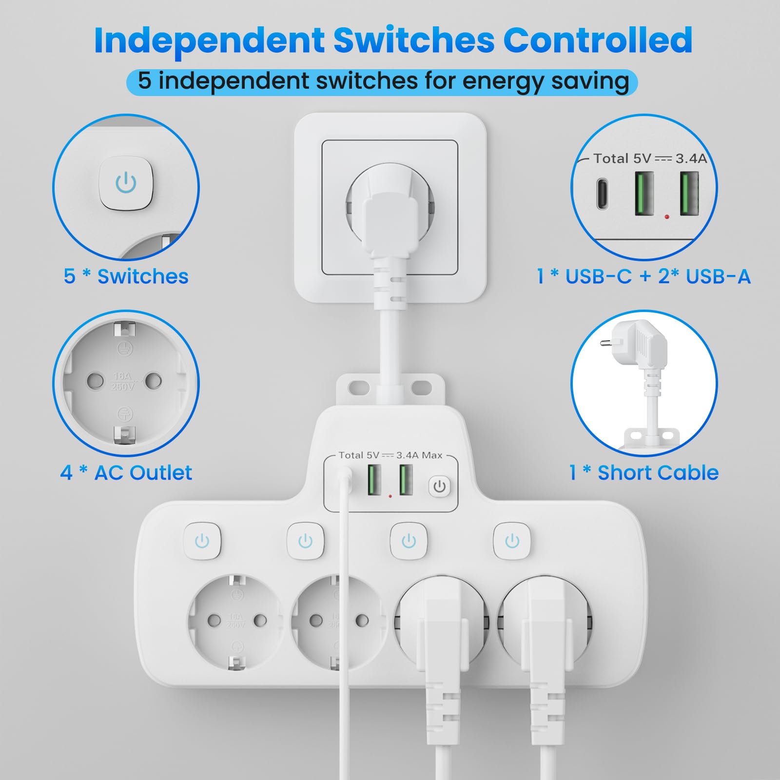 Ciabatta Multipresa con USB C,Presa Multipla Salvaspazio Ciabatta Elettrica con Interruttore 4 Presa Adattatore Schuko e 3 USB Carica Parete Multipresa da Scrivania Spina Tedesca Cavo Corto,Bianco