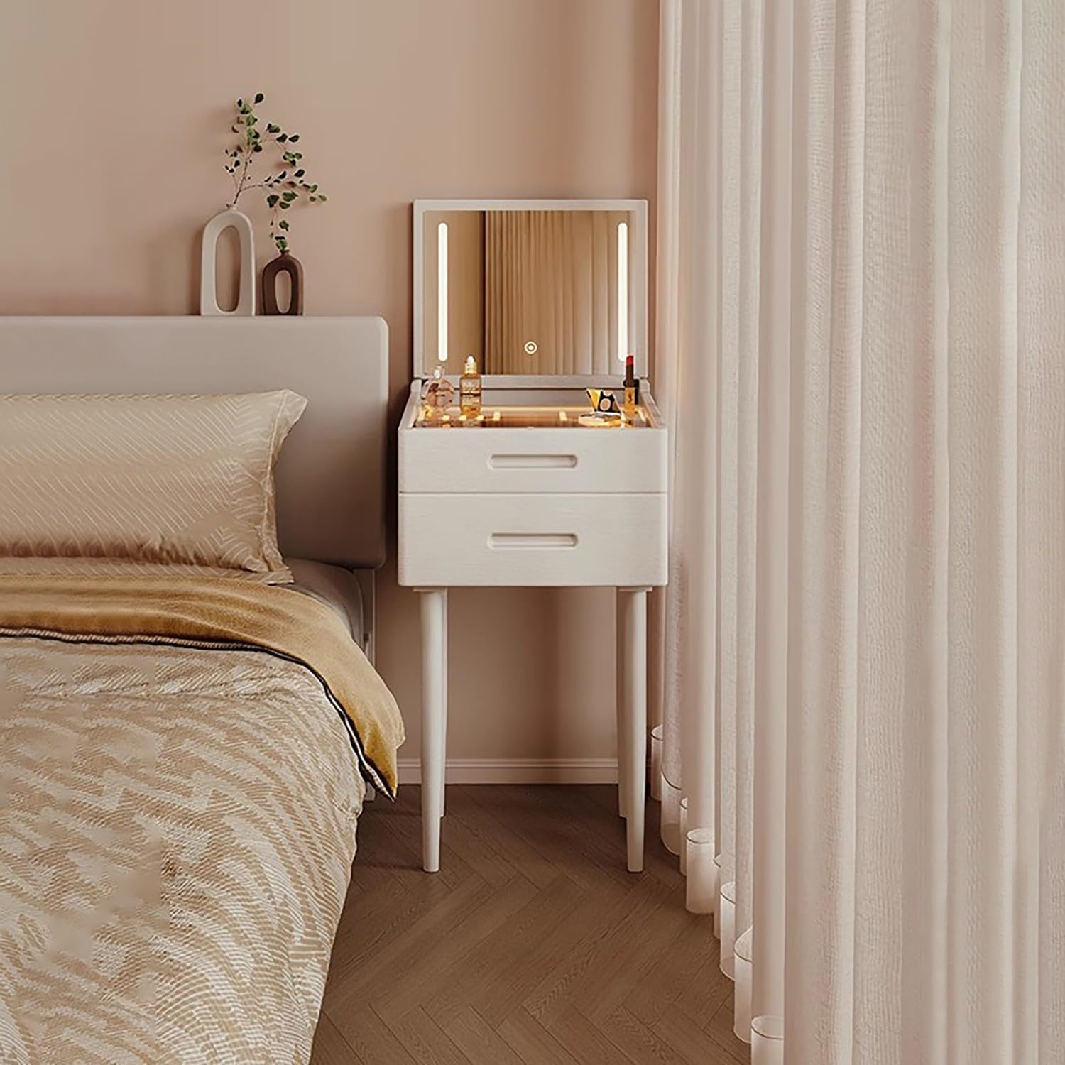 asdchZen Solid Wood Makeup Vanity Table With Led Mirror Lights 3 Color Options 2 Drawers Compact Nightstand For Bedrooms 40Cm Dressing Desk Furniture