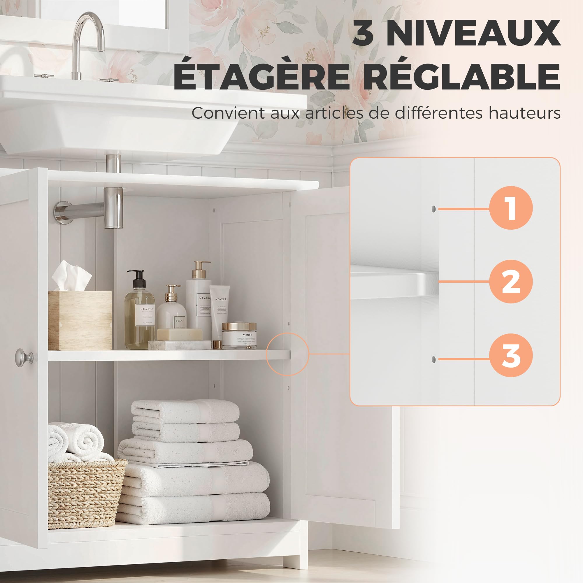 kleankin Meuble Salle de Bain sous lavabo - Meuble sous-Vasque - Placard 2 Portes avec étagère - dim. 60L x 30l x 60H cm - en Bois Blanc