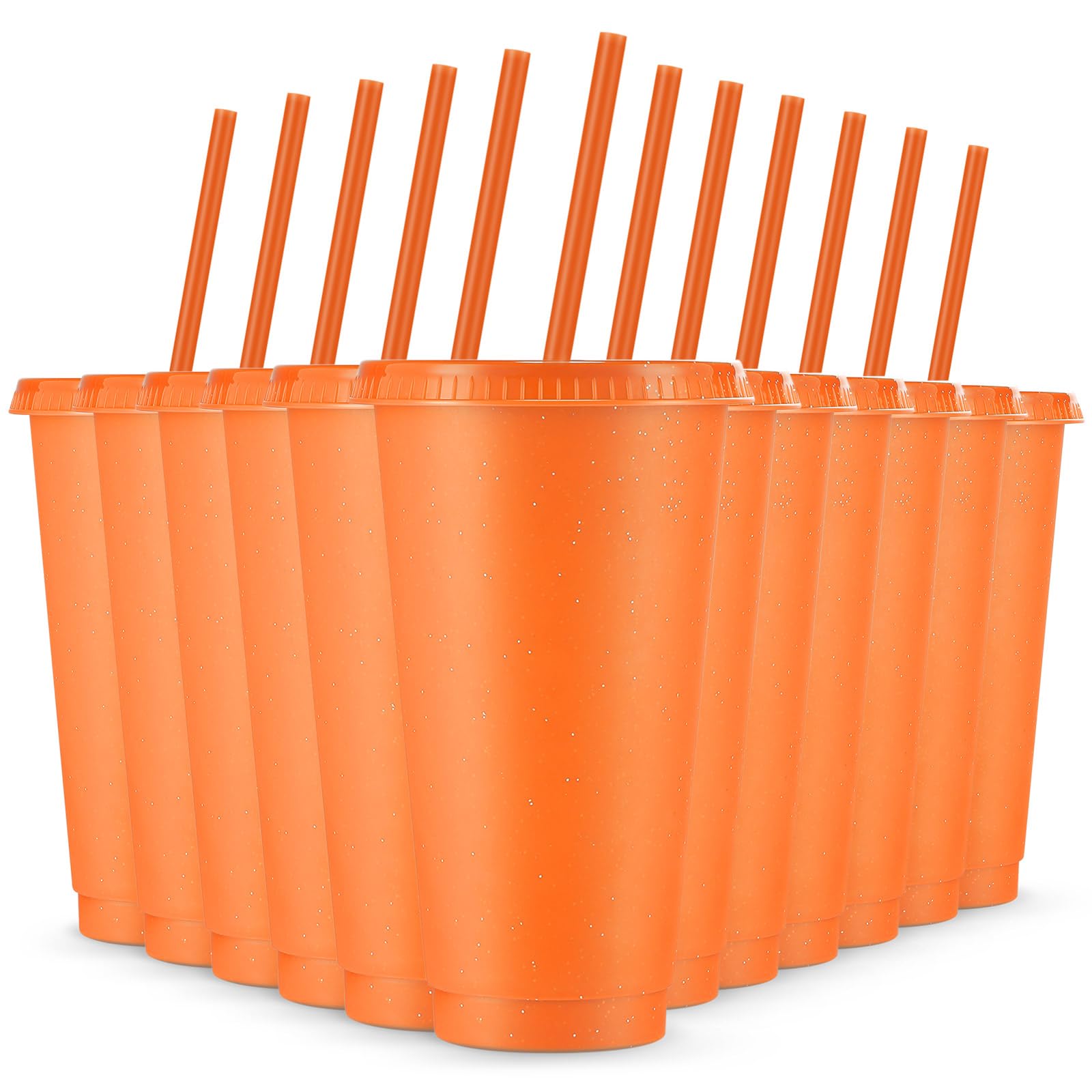 12 Pieces Reusable Cups with Lids and Straws 24 oz Glitter Iced Coffee Tumbler Plastic Travel Mug Cup for Smoothie Juices Parties Birthdays, Flamingo Party Bachelor Party (Fluorescent Orange)