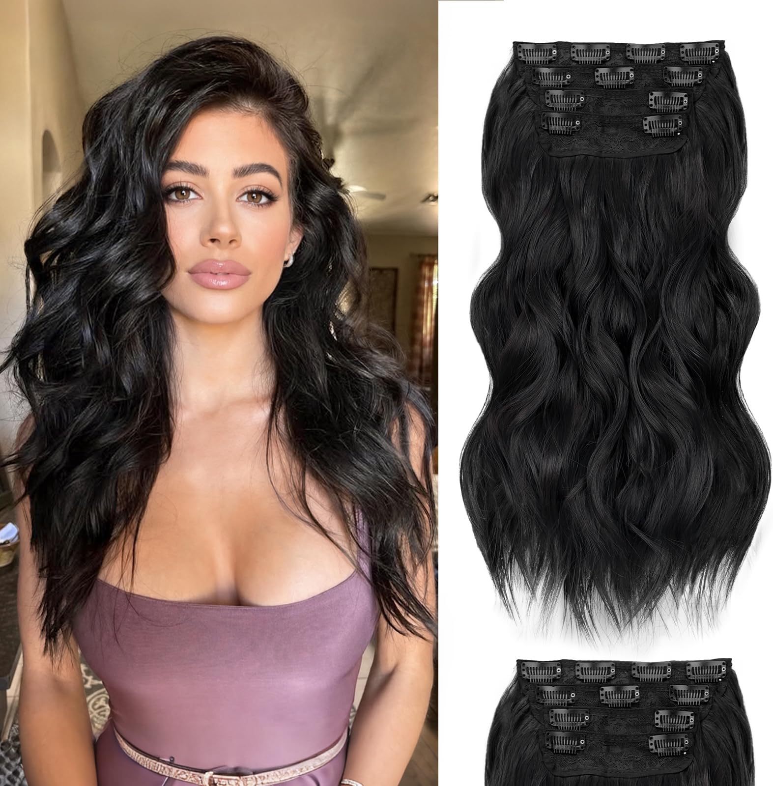 ALXNAN Clip in Long Wavy Synthetic Hair Extension 16 Inch Black 4PCS Thick Hairpieces Fiber Double Weft Hair for Women