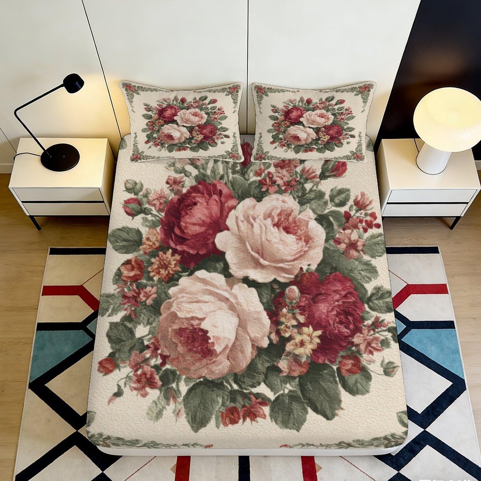 3D Printed Vintage Rose Fitted Sheet Microfiber Soft Breathable Floral Peony Bed Cover for Bedroom Dorm Decor 90x200x25cm