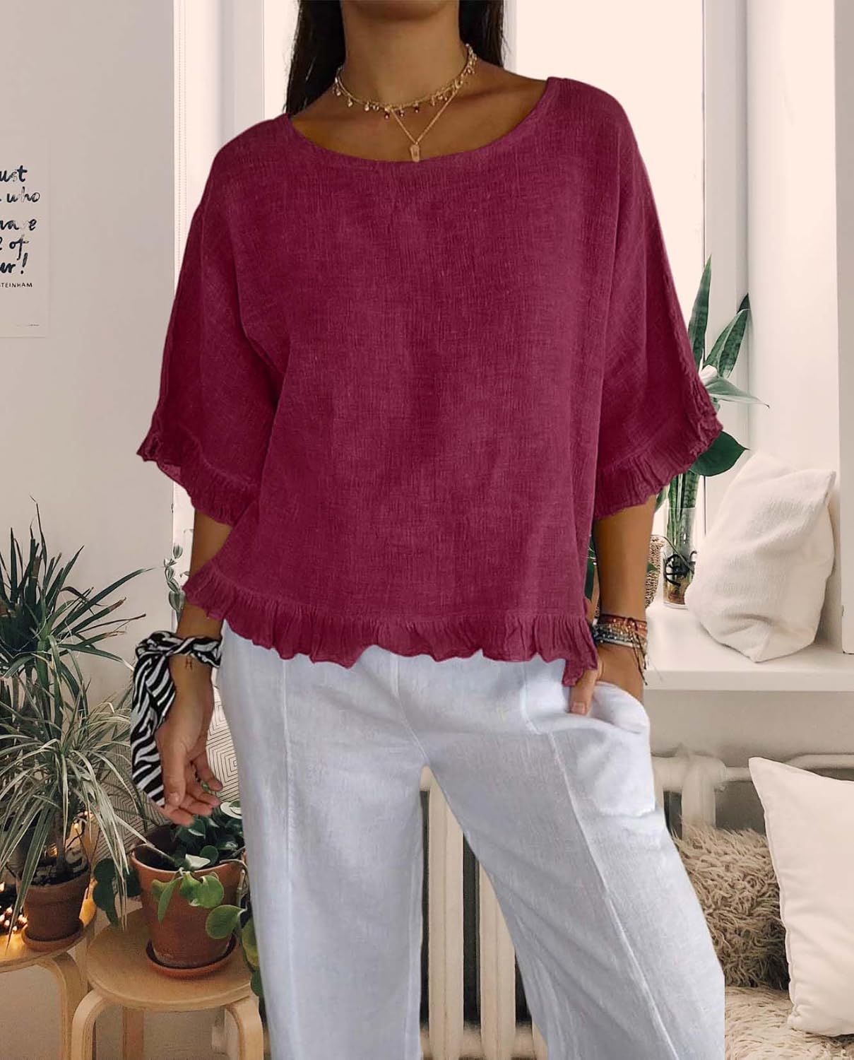 Womens Flowy Edge Casual Tops Summer Short Sleeve Loose Fit Shirts Simple Round Neck Baggy Solid Color Blouses - Image 4