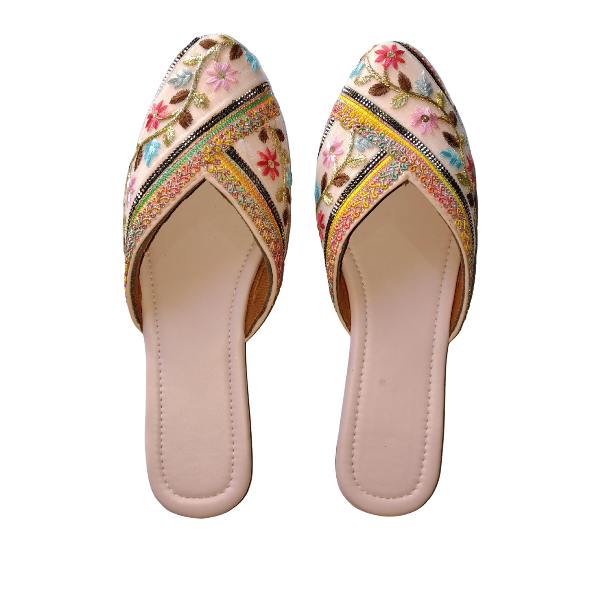 Women's Embroidered Floral Juttis | Ethnic Jutti Flats | Handcrafted Flat Slip-On Mules with Beaded Embellishments