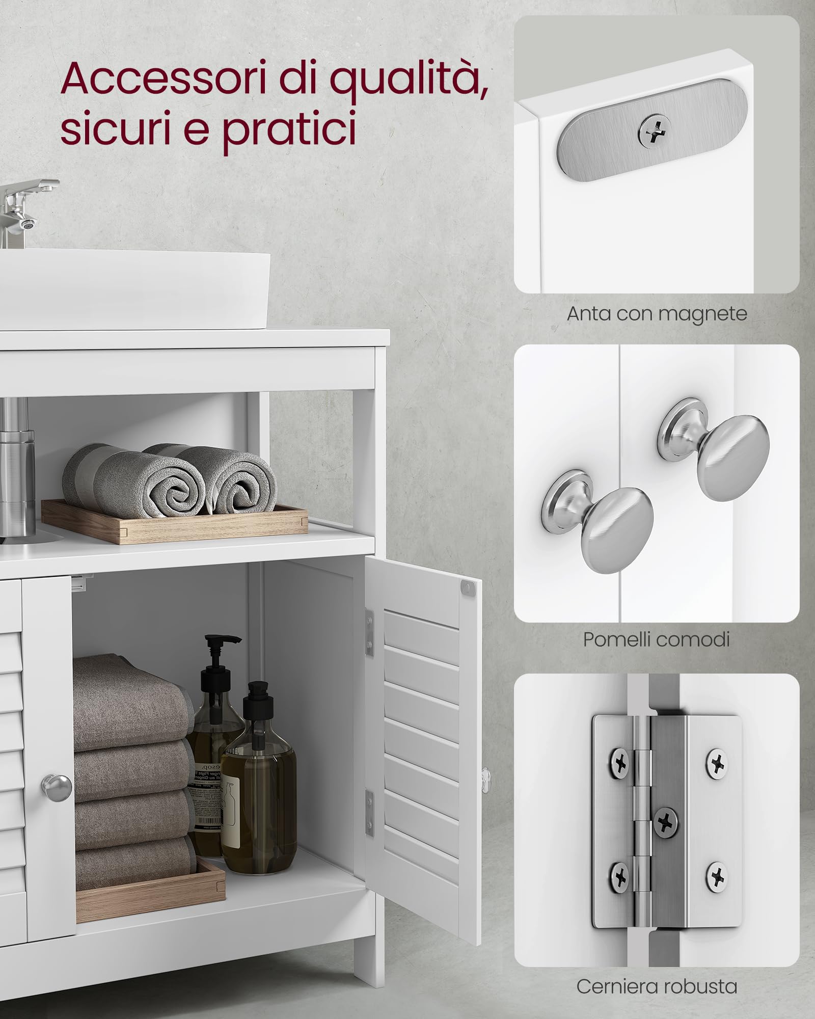 VASAGLE Mobile Sottolavabo per Bagno, Mobiletto da Bagno, 2 Ante a Persiana, Capiente, Design Moderno, 30 x 60 x 60 cm, Bianco BBC02WT