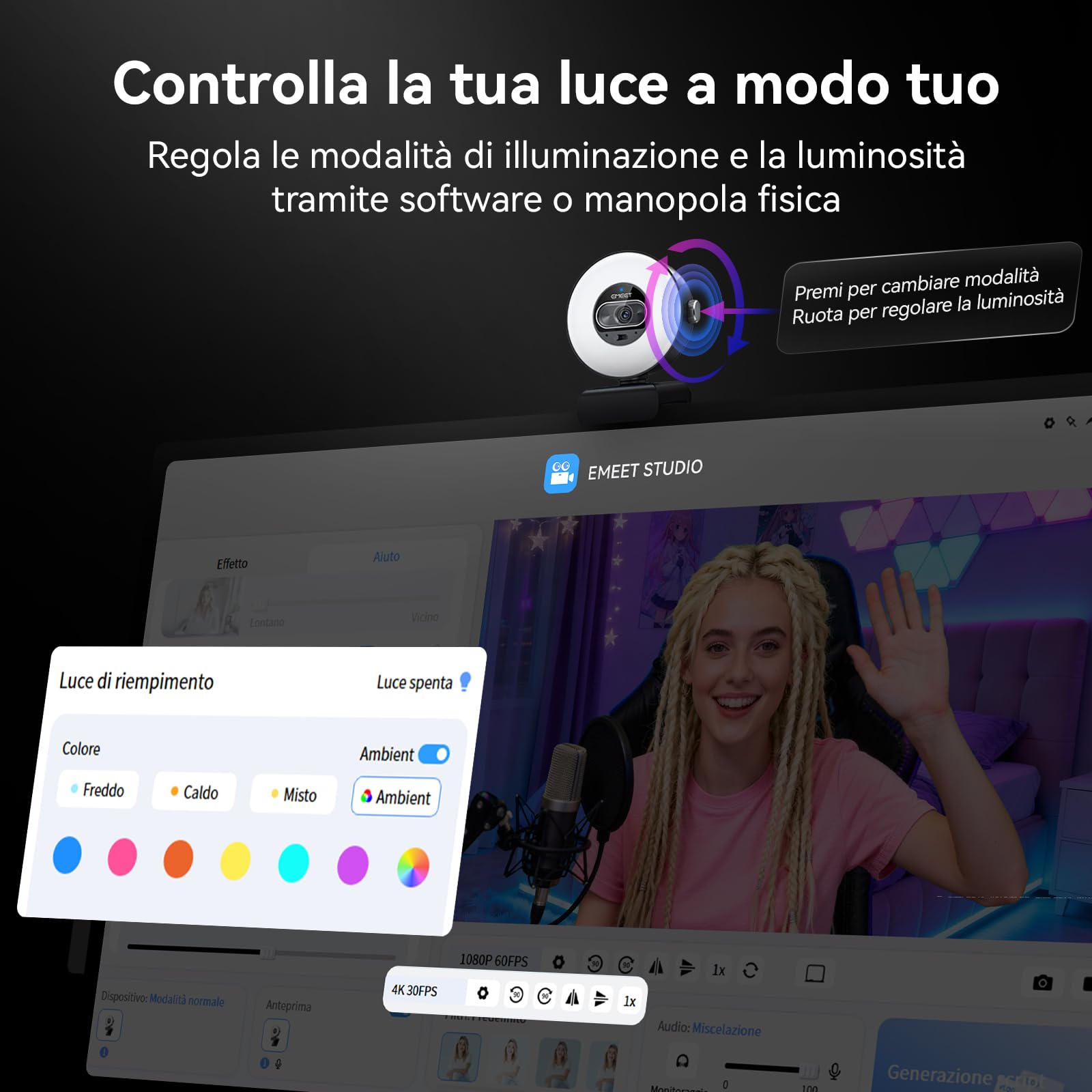EMEET Webcam S600L 4K per Streaming con Luce ad Anello, 4 Modalità di Illuminazione, Effetto Arcobaleno, Sensore da 1/2", Imaging AI, PDAF 0,2S, 2 Microfoni, Webcam 4K con Luce per OBS/Twitch/PC/Mac