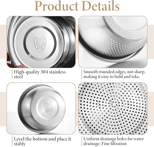 Miniatura 5 de 304 Stainless Steel Colander 5QT Microporous Colander and Large Bowl, Rice-Strainer with Salad Mixing Bowl Rice Washer Strainer Bowls for Washing