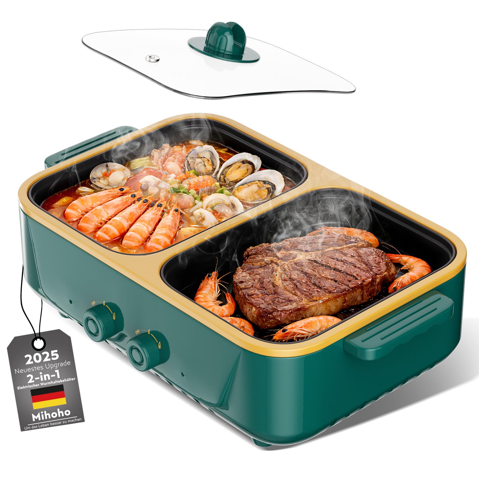 Combinazione di pentola elettrica e grill 2 in 1,1000W doppio controllo della temperatura, riscaldamento rapido - Elettrodomestico da cucina per interni per barbecue, noodles e altro (Verde K)