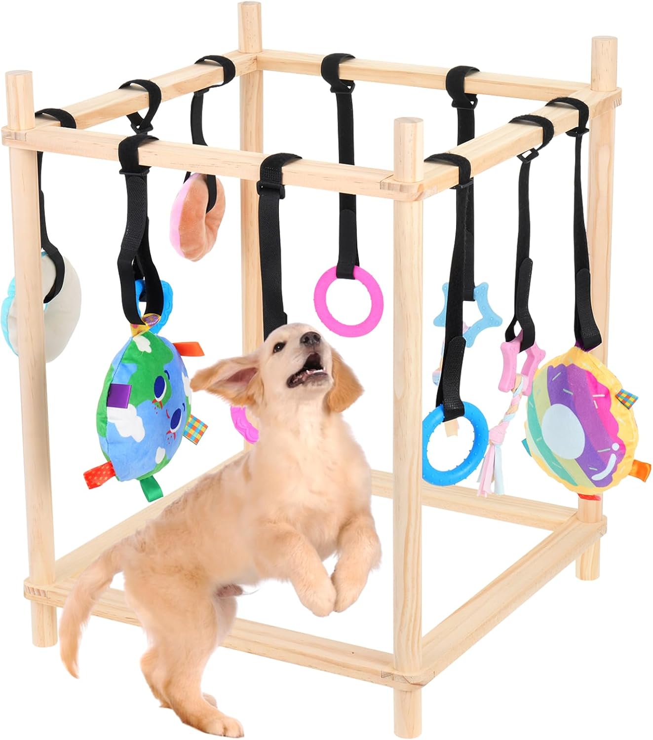 Wooden Puppy Play Gym with 10 Hanging Toys for Small Dogs Indoor Jungle Playground Wood Frame with Interactive Funny Enrichment Toys Dogs Activity Center Durable