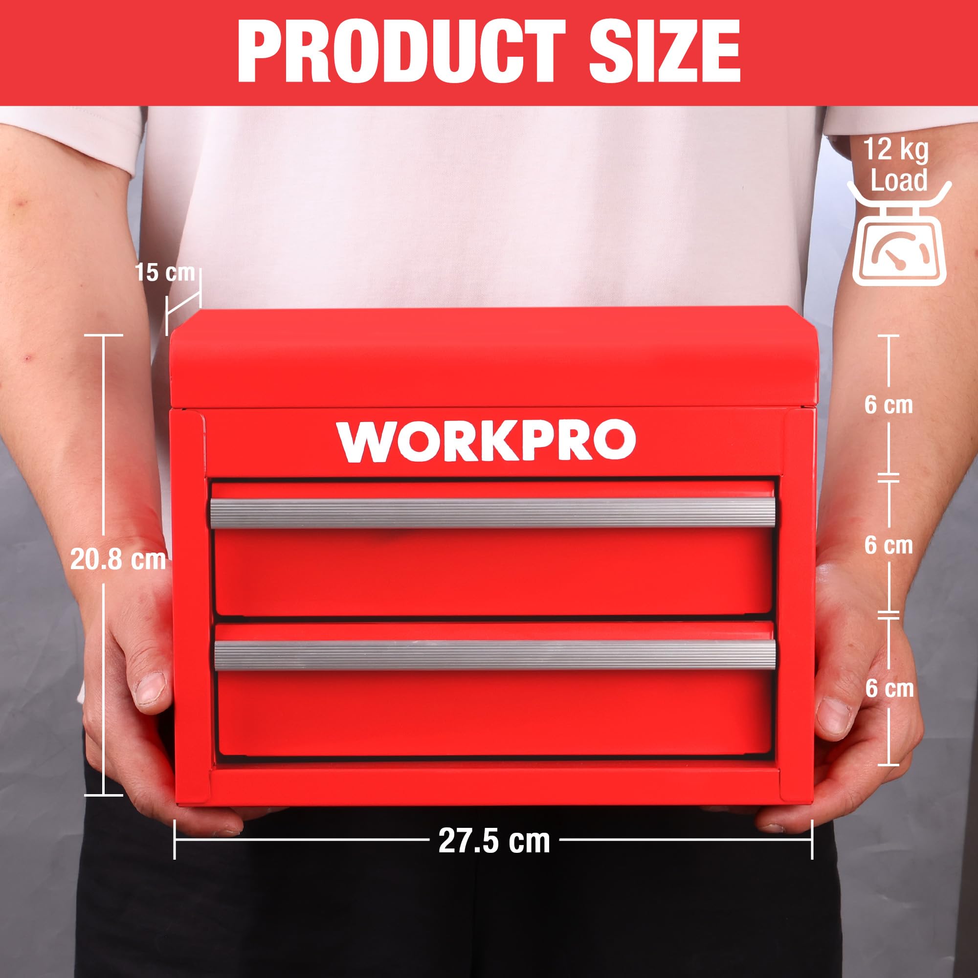 WORKPRO Metalowa skrzynka z szufladami z 2 szufladami i górną przestrzenią przechowywania, czerwona, 27,5x15x20,8 cm, organizer na biurko z szufladami do biura, szatni i biurka
