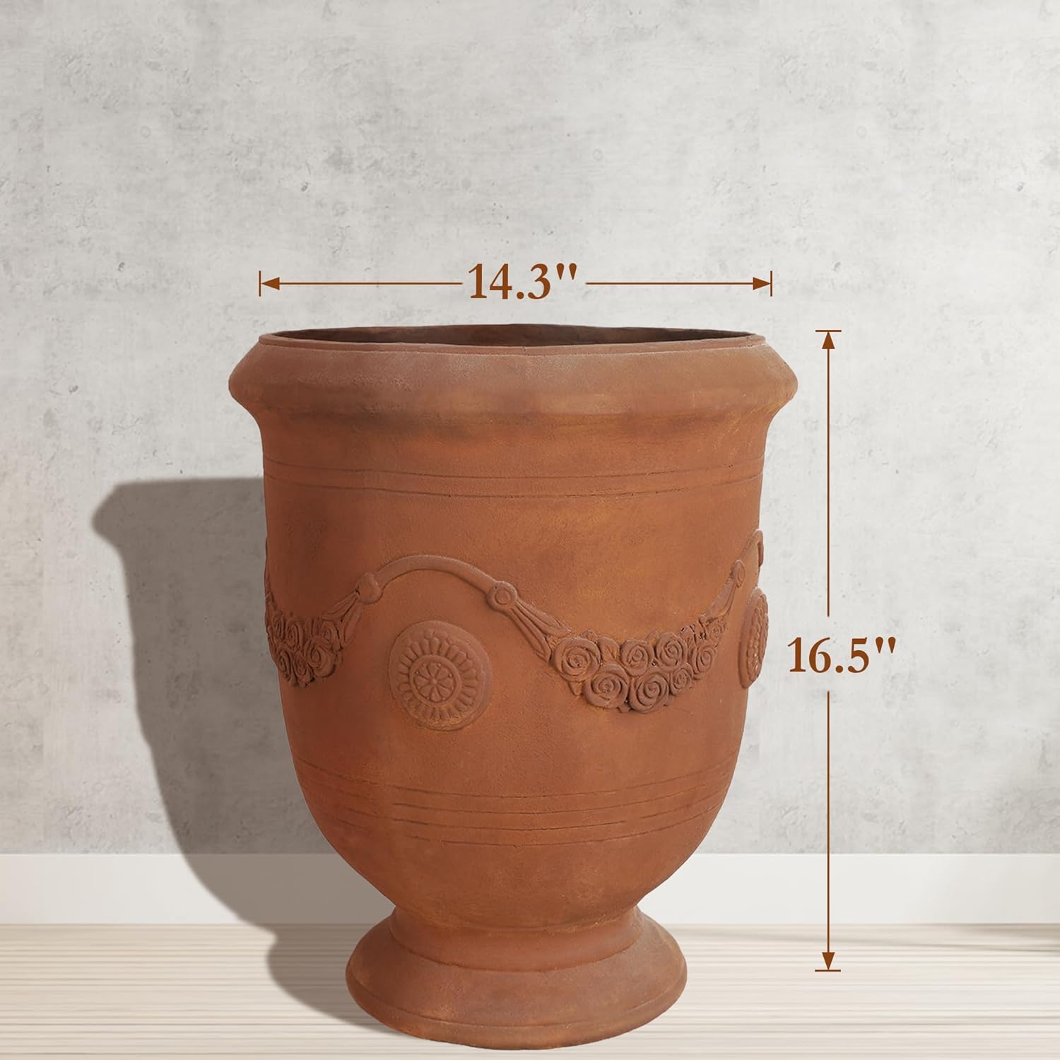 Worth Garden Large Urn Planter - 14" Dia x 16.5" H Lightweight Magnesium Oxide Plant Pot with Cement Texture - Rust-Like Finish Concrete Urn Planter with Drainage Hole for Indoor & Outdoor Decor