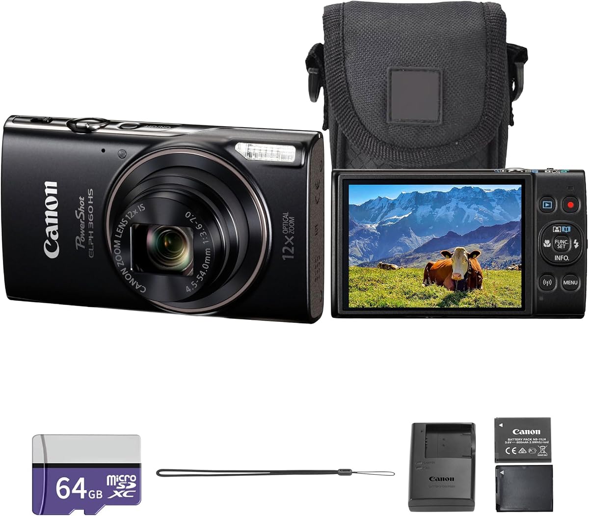 PowerShot ELPH 360 HS A Digital Camera (Black) | 20.2MP CMOS Sensor, 12x Optical Zoom & Built-in Wi-Fi | Compact Point-and-Shoot for Travel & Everyday Photography (7280C001) + 64GB Card + Bag +