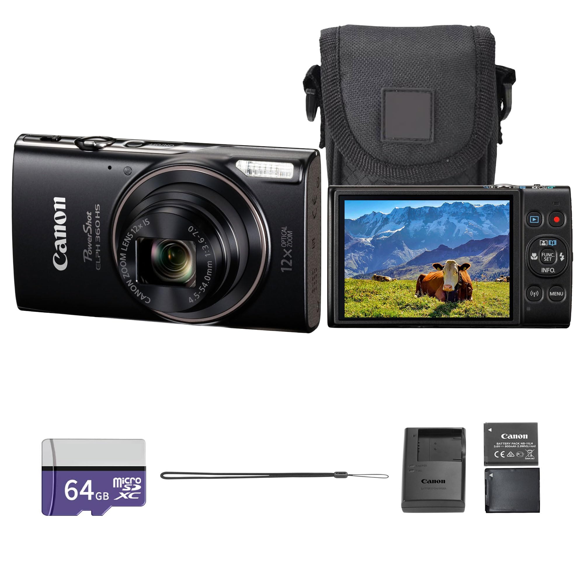 Canon PowerShot ELPH 360 HS A Digital Camera (Black) | 20.2MP CMOS Sensor, 12x Optical Zoom & Built-in Wi-Fi | Compact Point-and-Shoot for Travel & Everyday Photography (7280C001) + 64GB Card + Bag +-image-41