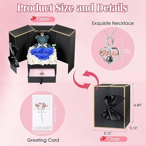 Miniatura 124 de ADDWel Rose Gifts for Women - Preserved Real Roses Forever Purple Flowers with I Love You in 100 Languages Necklace and Cute Moss Bear for