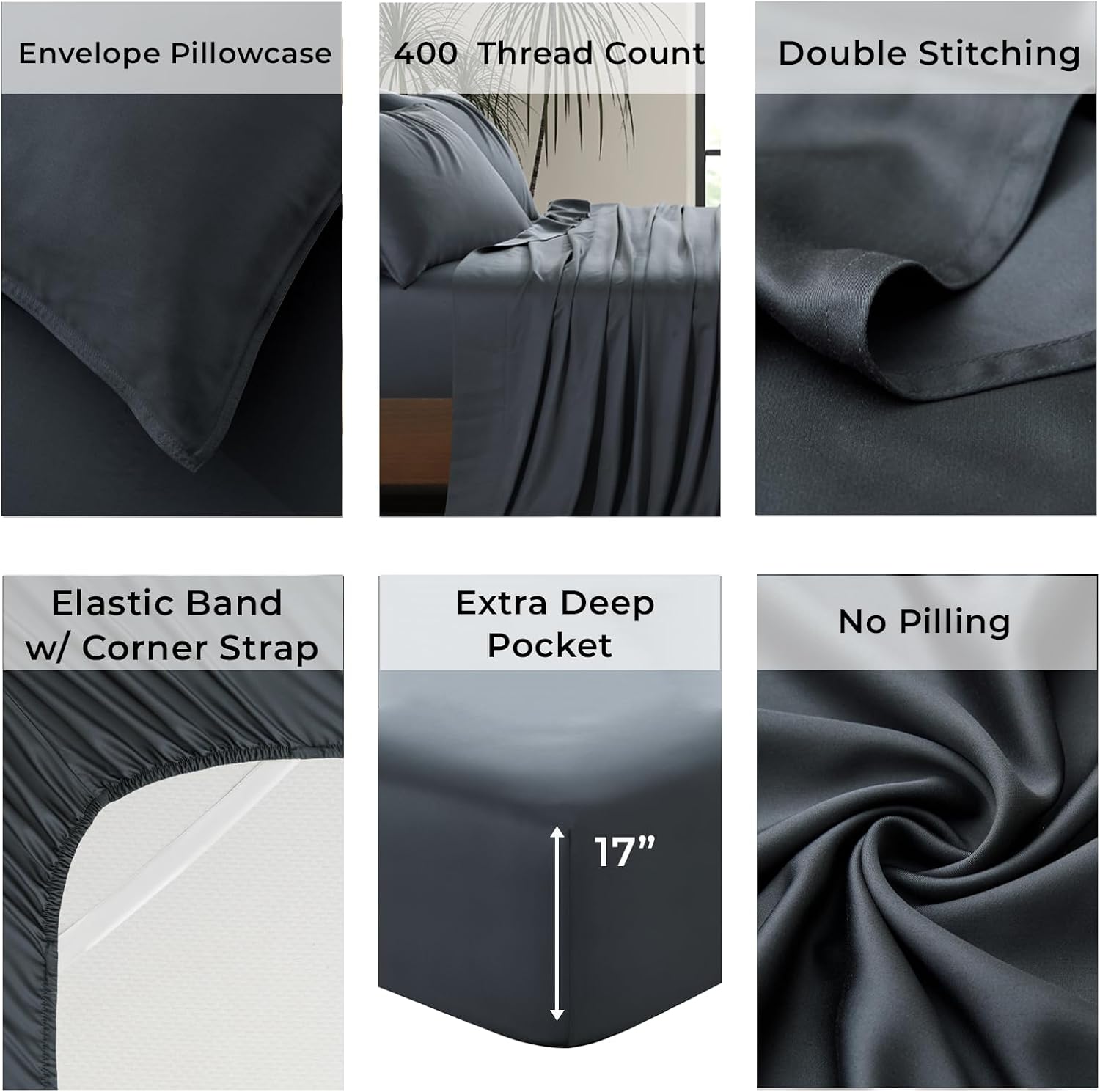 Luxury Bamboo Market | King Size Bed Sheet Set | 100% Viscose Made from Bamboo | Organically Grown | Ultra Soft | Cooling Sheets for Hot Sleepers | 17" Deep Pocket [Charcoal Grey] - Image 5