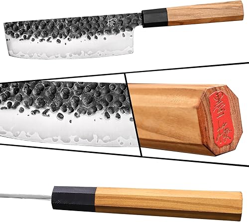 Miniatura 6 de Cuchillo Usuba de cocina de 6.7 pulgadas, cuchillo asiático Nakiri de acero inoxidable con mango de madera de olivo forjado a mano y caja de regalo