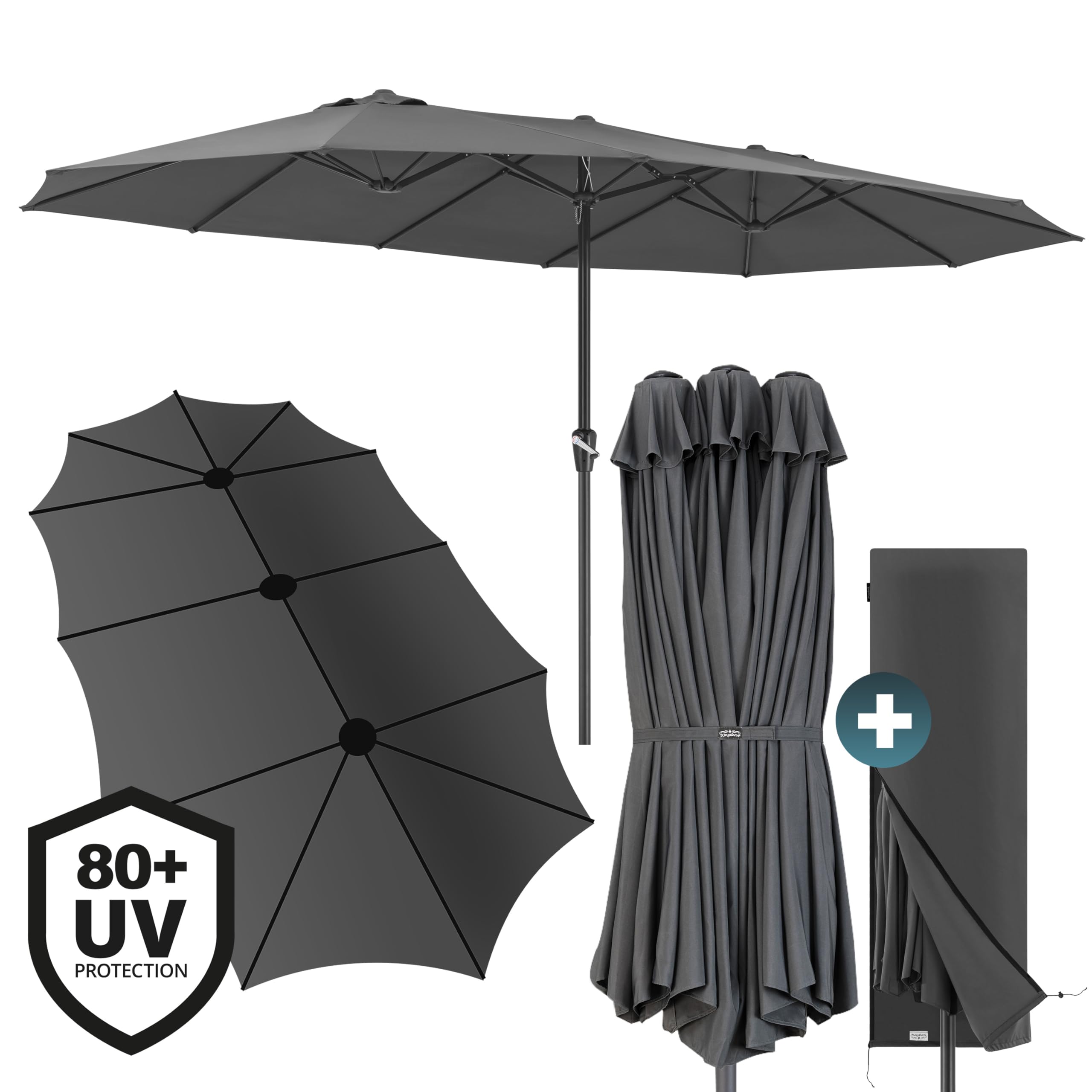 Kingsleeve Ombrellone XXL 460x270 cm Protezione UV 80+ Doppio Grande con Custodia e Manovella Impermeabile da Giardino Terrazza Balcone Mercato Nero
