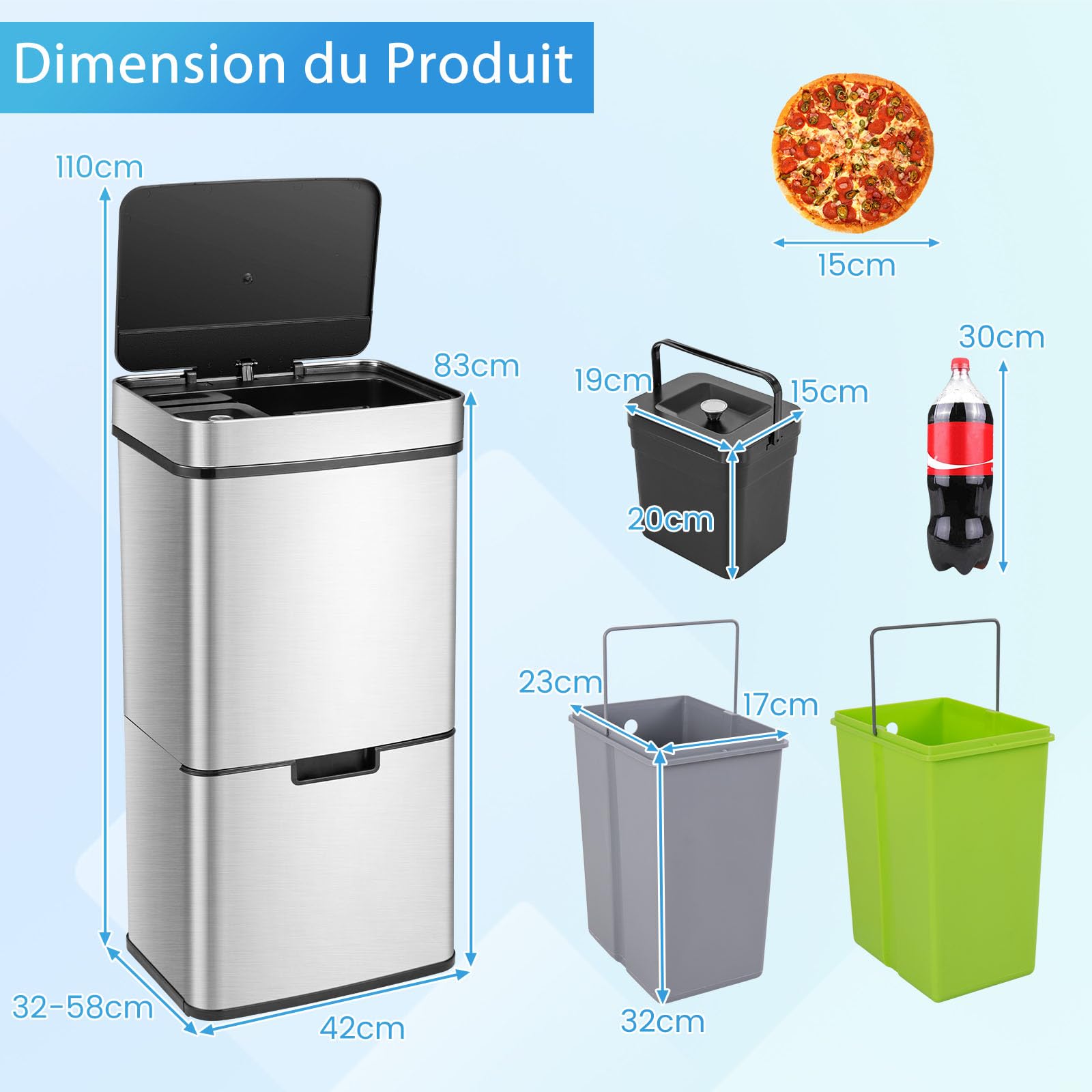 GOPLUS - Cubo de basura para cocina sin contacto, sensor de movimiento inteligente, cubo de reciclaje, cierre lento, para cocina, 42 x 32-58 x 84-110 cm