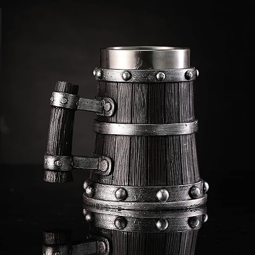 Miniatura 8 de Viking - Jarra de barril de madera creativa pintada a mano, jarra de cerveza de resina pintada a mano, 304 SS Liner, copa de vino, taza de café