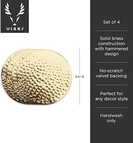 Miniatura 3 de Viski Posavasos de latón martillado, posavasos redondos, latón con respaldo de terciopelo, protegen mesas y superficies, dorado, juego de 4