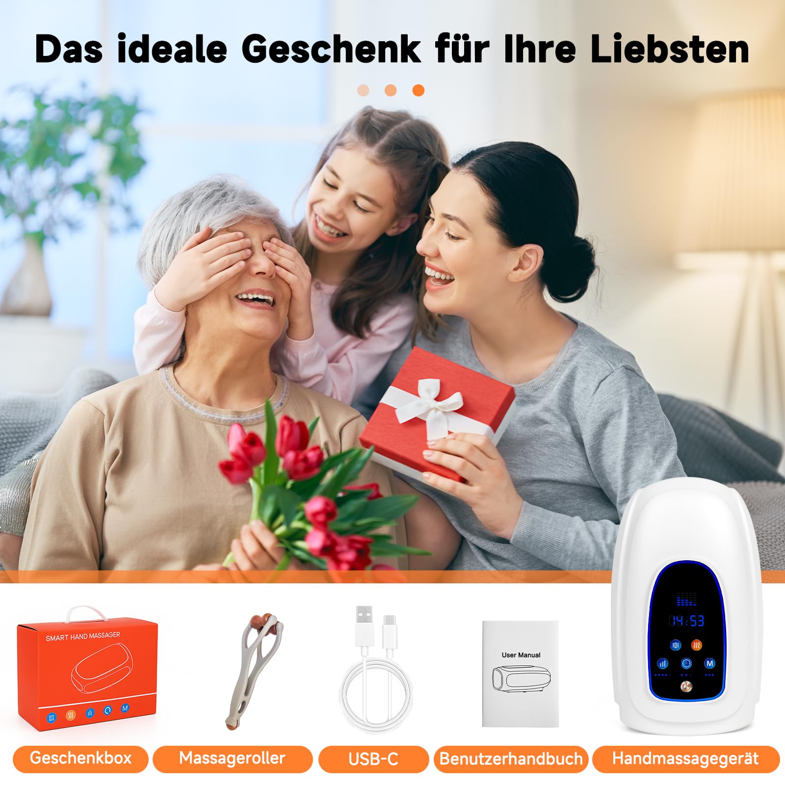Elektrische Handmassagegeräte, Kabelloses Massagegerät mit Wärme & Rollknetmassage, 3 Massage-Modi, Tragbares Touchscreen-Handmassagegerät für Arthritis und Karpaltunnel (Weiß)