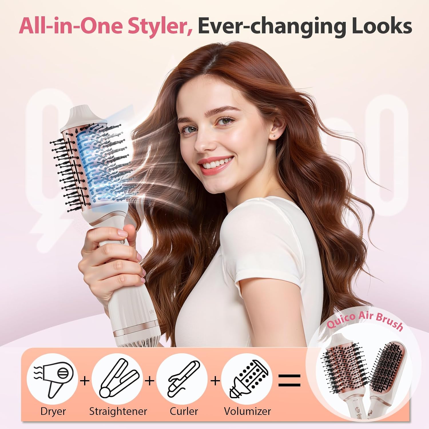 Hair Dryer Brush, Quico 4-in-1 One-Step Ionic Oval&Flat Brush, Pro Blow Dryer Brush Set with Detachable Blowout Brush, Hot Air Brush for Salon Blowout, Curl, Volumize and Straighten, Anti-frizz, Pink