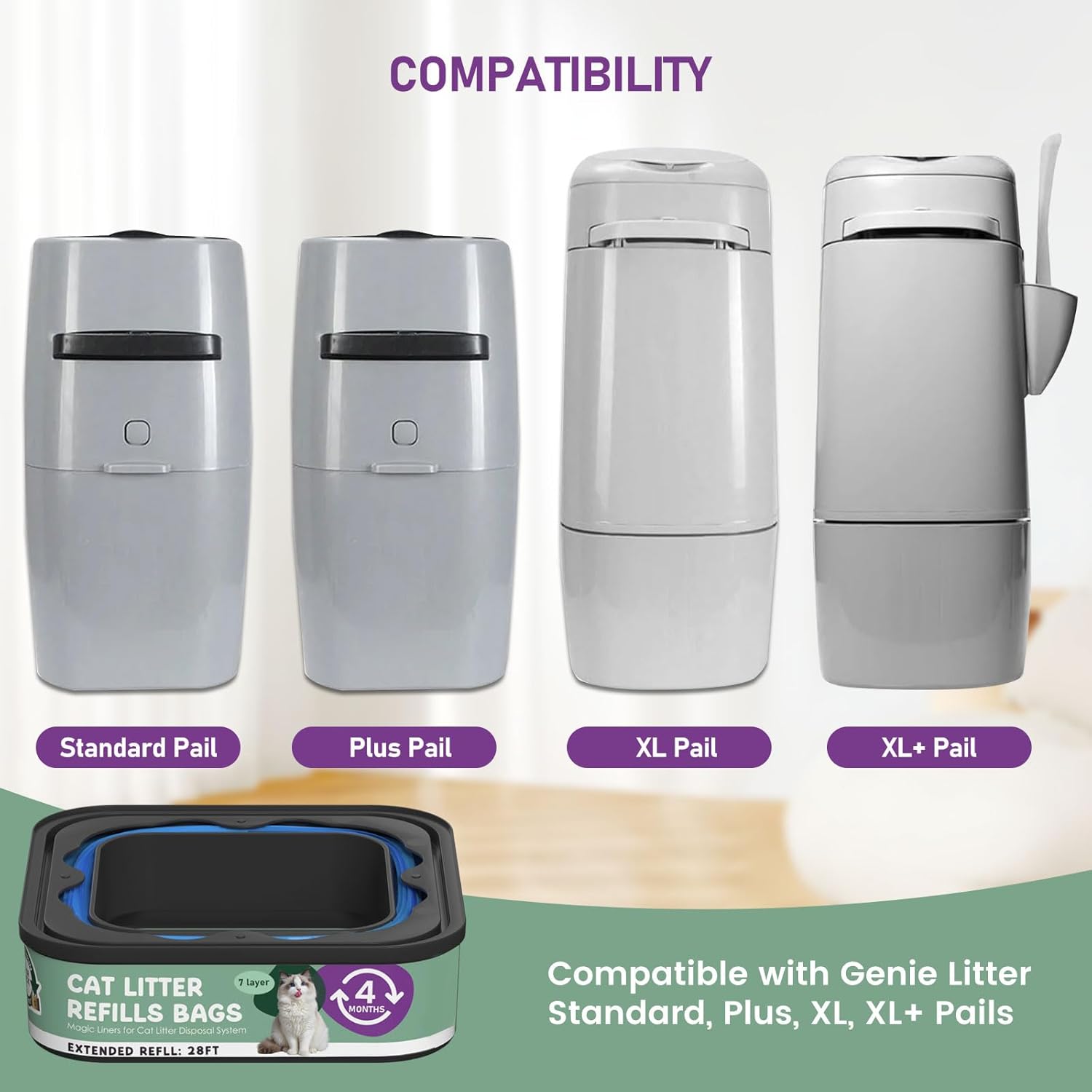 Cat Litter Refill Bags Cartridge 28FT, Compatible with Litter Cat Genie Standard, Plus, XL, XL+ Pail Refills, 7-Layer Odor Control Pet Waste Bags 12 Packs