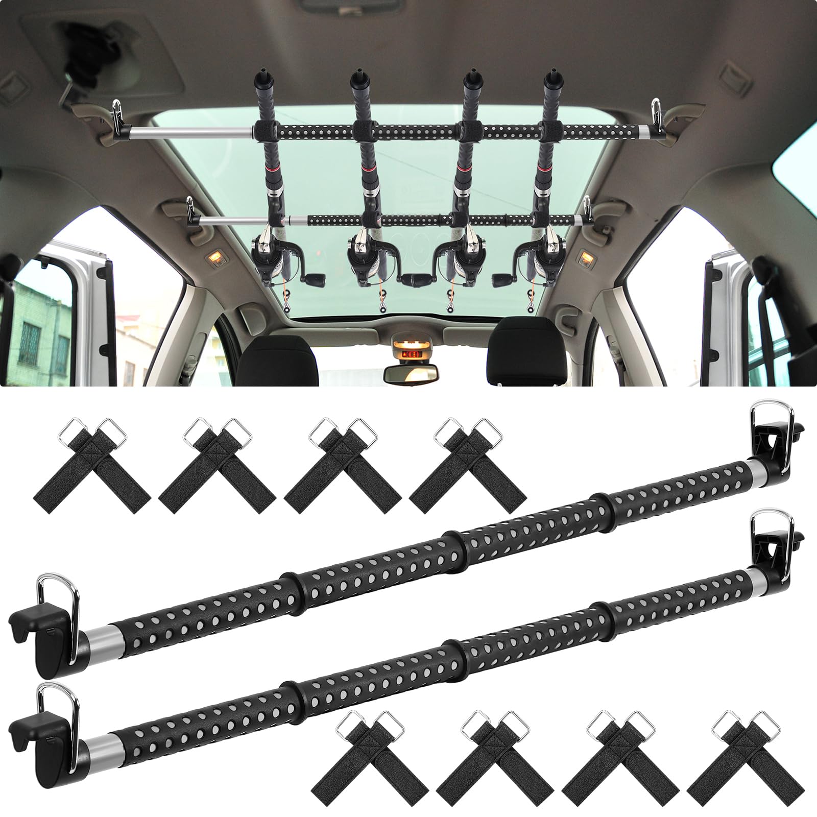 2 Pcs Fishing Rod Holder for Car Heavy Duty Vehicle Fishing Pole Rack with 8 Belts Adjustable 35 to 64.5 Inch Fishing Pole Organizer Fishing Rod Carrier Clothes Bar for Car SUV Wagon Truck Van