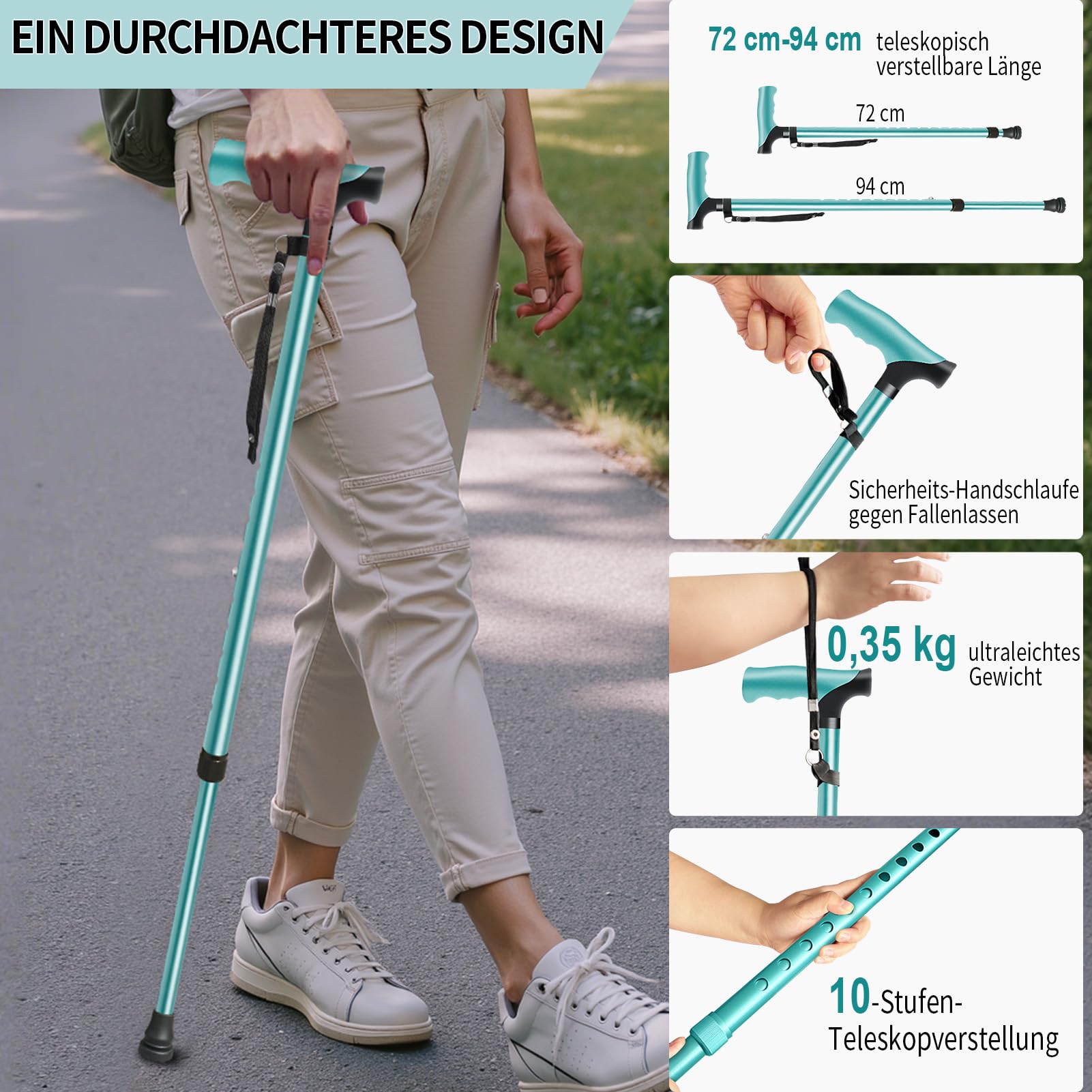 Canne de marche réglable, confort tout au long de la journée et maintien sûr, aide à la marche pour personnes âgées, canne ultra légère et antidérapante, pour homme et femme, idéale pour les