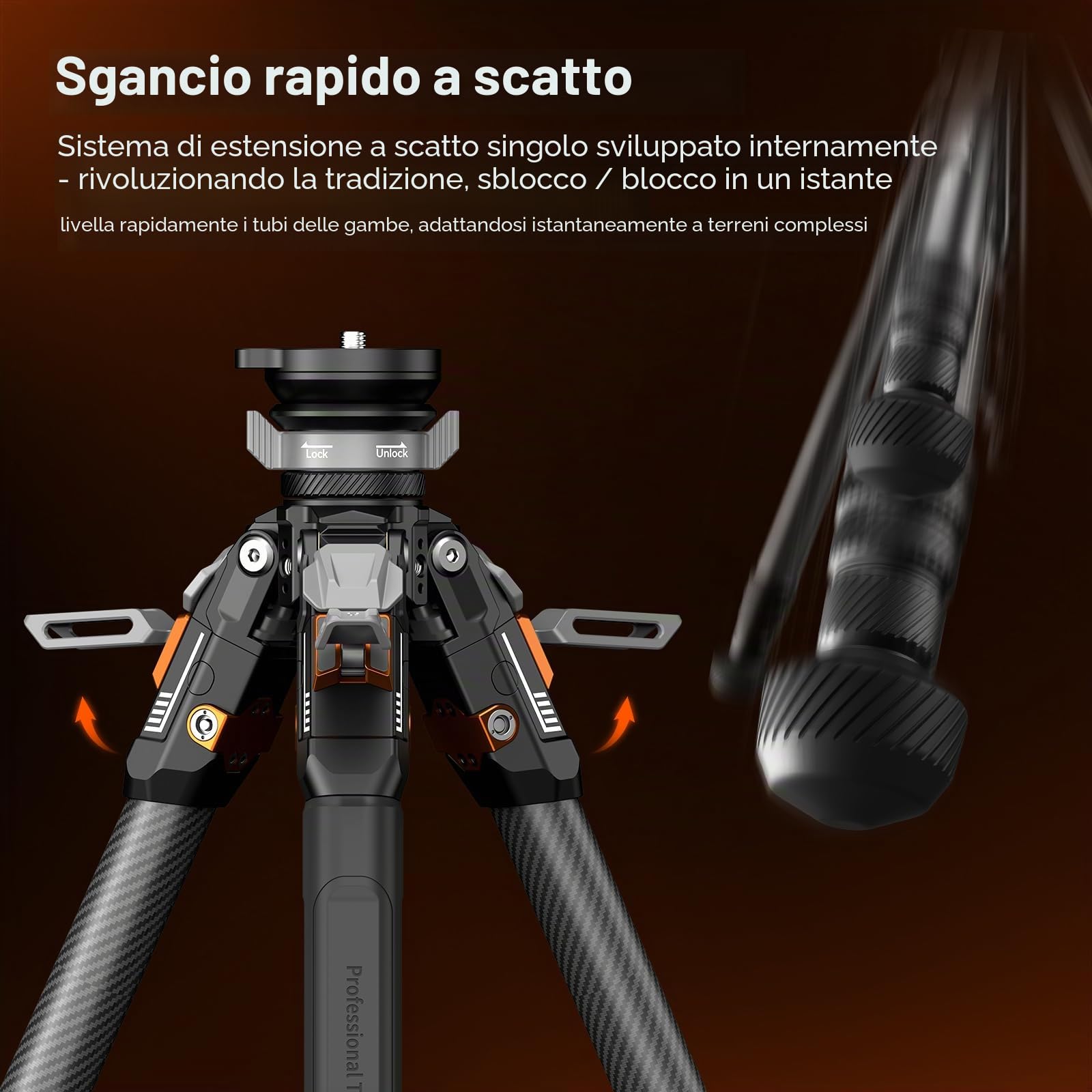 COMAN Treppiede in fibra di carbonio completamente aperto One-Click, treppiede video professionale, testa a sfera per livellamento rapido, altezza massima 165cm, capacità di carico massima 20kg (T1S)
