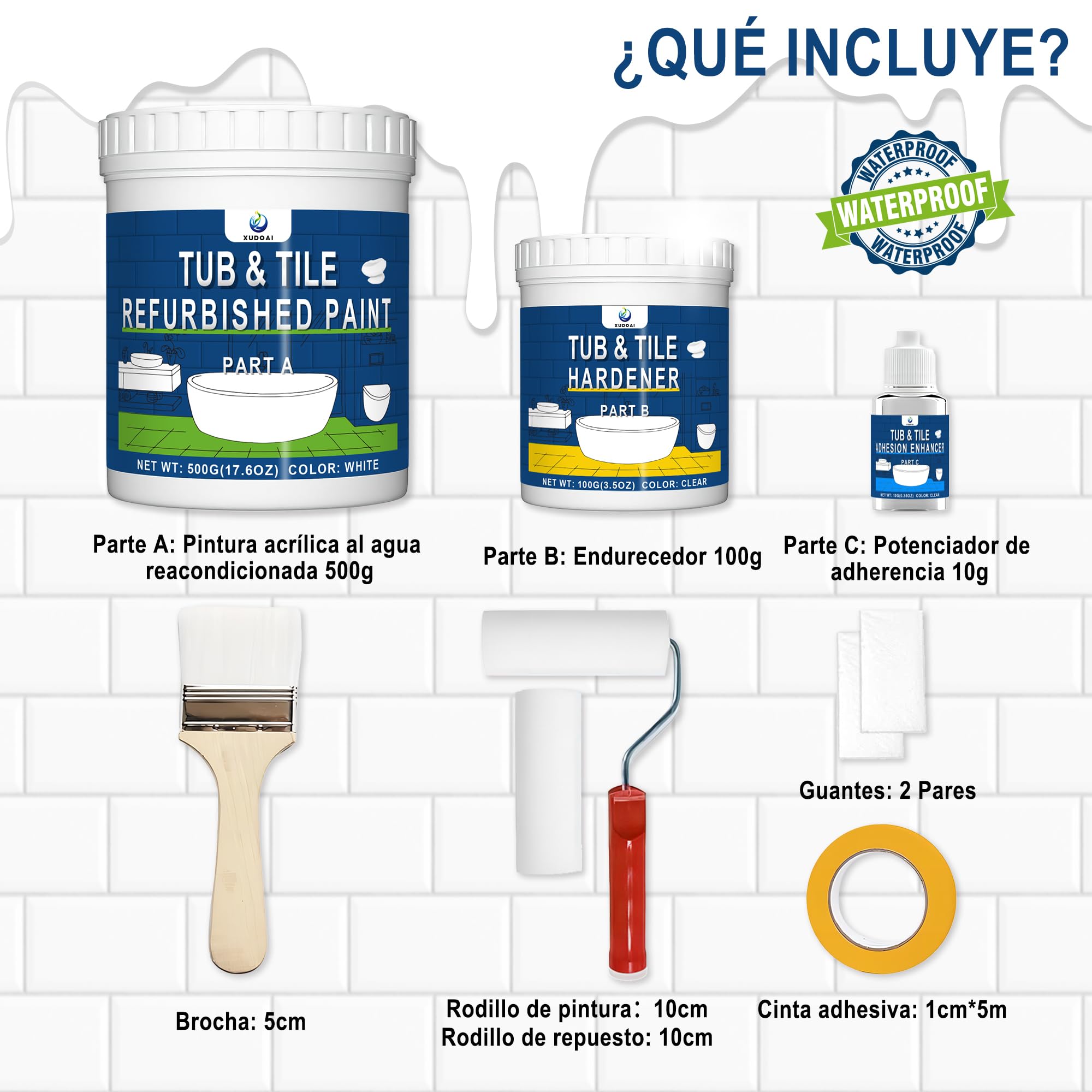 XUDOAI Esmalte para Azulejos Brillante Blanco 610g, Pintura Para Bañeras Con Accesorios Cuarto de Baño/Cocina/Ducha/Fregadero de Cerámica Renovación de Color y Revestimiento de Superficies