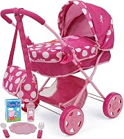 Peppa Pig Baby Classic Doll Pram Set - Pink White Dots 7-Piece, Fits 18-24" Dolls, Retractable Canopy, Basket, Diaper Bag & Feeding Accessories, Pretend Play Ages 3+