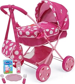 Peppa Pig Baby Classic Doll Pram Set - Pink White Dots 7-Piece, Fits 18-24" Dolls, Retractable Canopy, Basket, Diaper Bag & Feeding Accessories, Pretend Play Ages 3+