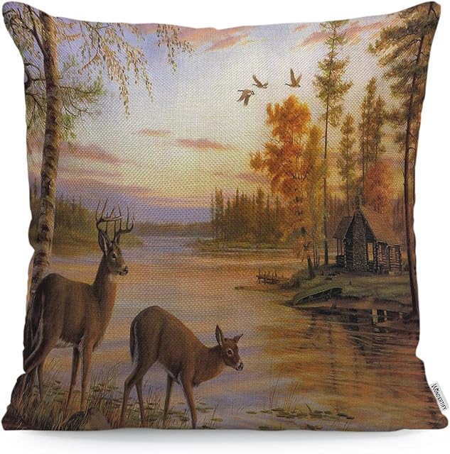WONDERTIFY Deer Cushion Cover Deer Sunset Throw Pillow Covers Cushion Case For Couch Home Decor Yellow Brown 45X45 Cm