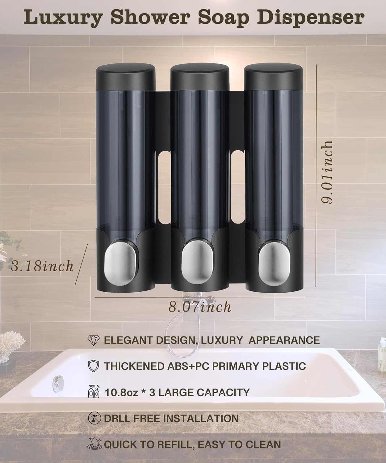 RANKADO Luxury Shower Soap Dispenser 3 Chamber No Drill,Soap Shampoo Conditioner Dispenser Bathroom Wall Mounted with Labels Hotel RV,Black