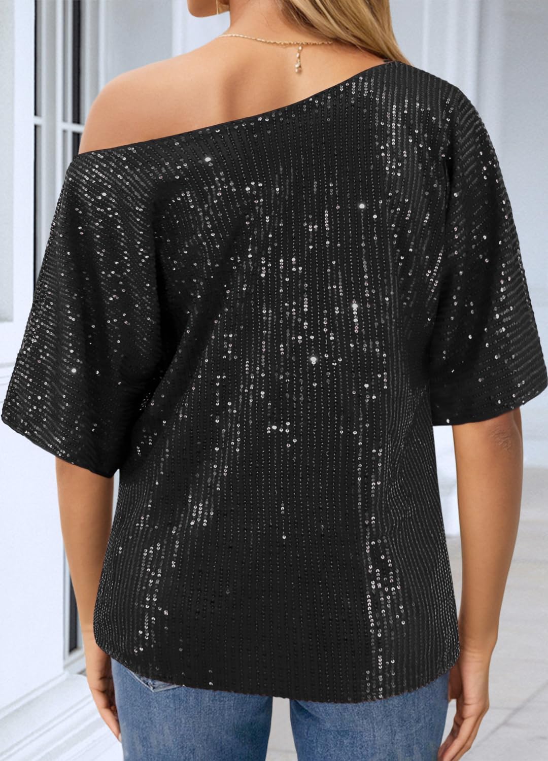 Womens Sparkly Sequined Tops Short Sleeve One Shoulder Loose Oversize T-Shirts Giltter Blouse Cocktail Rave Party - Image 6