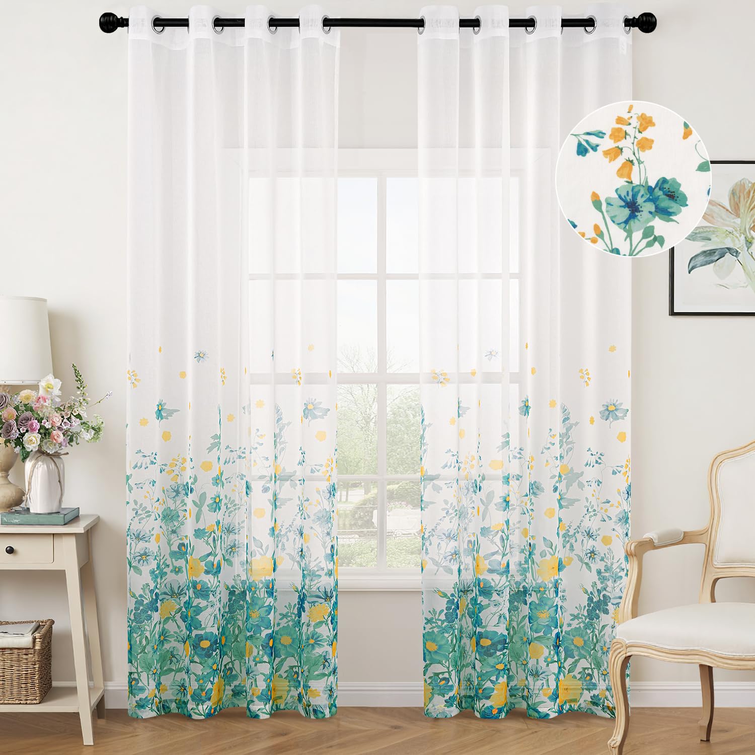 Woaboy Cortina Dormitorio Lago Azul Visillo con Estampadas Flores Ventana Decorativo Tansparente Moderno para Salón Habitación 2 Piezas 140x225cm