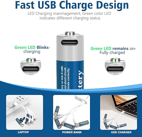 Miniatura 2 de Paquete de 4 baterías AA recargables de litio de 3600 mWh con cable de carga USB, batería doble A de 1.5 V de larga duración para dispositivos